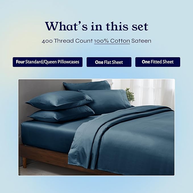 California Design Den 6-Pc Queen Size Sheet Set with 4 Pillowcases - 400 Thread Count 100% Cotton Sheets, Sateen Weave, Deep Pocket Bedsheets Set - Peacock Blue