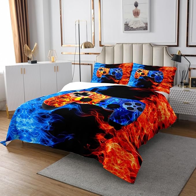 Erosebridal Mist Gaming Coverlet Set for Boys Queen,Teens Gamer Room Decor Wolf Game Controller Bedspread,Kids Gamepad Quilted Abstract Misty Animal Bedroom Decor