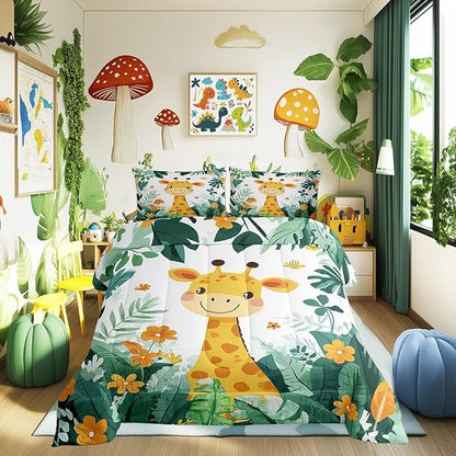 Castle Fairy Giraffe Comforter Set Toddler Size Cartoon Jungle Animal Bedding Set Bedroom Decor Tropical Palm Leaves Flower Quilt Set for Kids Boys Girls Cute Giraffe Duvet Insert 2Pcs