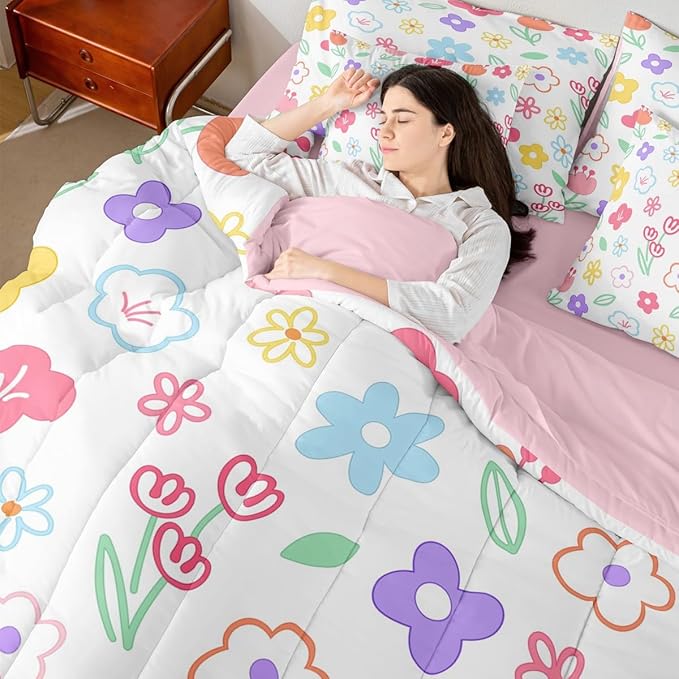 Feelyou Cute Flower 7 Piece Bedding Set Colorful Floral Comforter Set with Sheets for Kids Boys Girls Cartoon Hand-Drawn Bed in a Bag Botanical Decor Bed Set Soft Lightweight