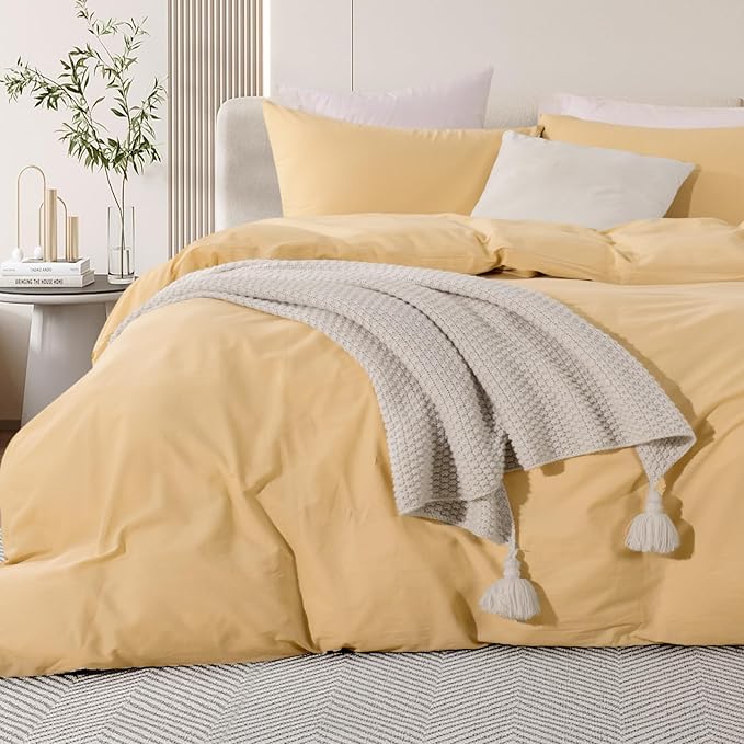 NEXHOME PRO Duvet Cover Set 100% Washed Cotton California Kingn 104"x98", Organic Natural Linen Look Textured 3 Pieces Bedding Set Apricot Yellow with Zipper Closure, Breathable Soft(No Comforter)