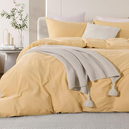 NEXHOME PRO Duvet Cover Set 100% Washed Cotton California Kingn 104"x98", Organic Natural Linen Look Textured 3 Pieces Bedding Set Apricot Yellow with Zipper Closure, Breathable Soft(No Comforter)