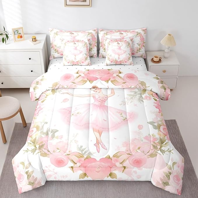 Feelyou Ballet 7 Piece Bedding Set - Full Size Cute Ballet Girls Comforter Set with Sheets for Kids, Teens, Toddler Dancing Girl Bed in a Bag - Pink Rose Bed Set