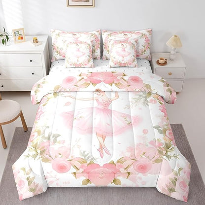 Feelyou Ballet Bedding Set,7 Piece Twin Size Cute Ballet Girls Comforter Set with Sheets for Kids & Teens,Dancing Girl Bed in a Bag,Pink Rose Bed Set