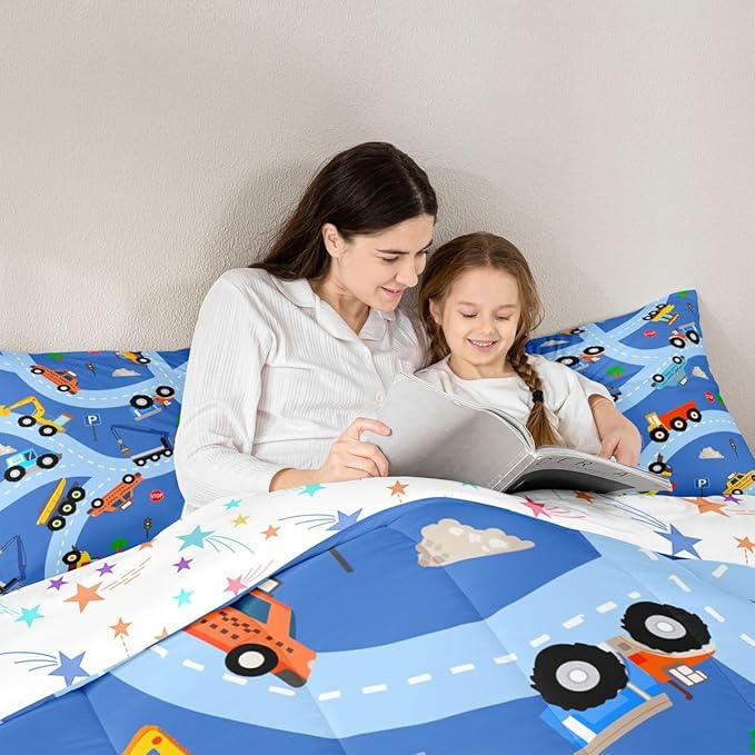 Feelyou Construction Comforter Set Toddler Size Equipment Trucks Bedding Set for Kids Boys Girls Excavator Tractor Duvet Quilt Construction Vehicles Bedroom Decor Yellow Red2 Pcs with 1 Pillow Cases