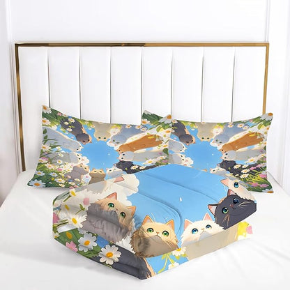 Cats Comforter Set Queen: Kawaii Floral Cat Bedding Set Daisy Kitten Blue Sky Quilts Cartoon Flowers Feline Cute Pets Bed Sets for Women Girls Tween Adults 3 Piece