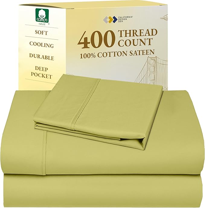 California Design Den Twin XL Sheet Sets - 400 Thread Count Sateen, 100% Cotton Sheets Twin XL, Deep Pockets, and Durable Bedding for Dorm Rooms & Adults - Celery Green