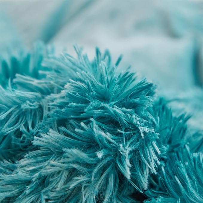 Wajade Faux Fur Plush White Comforter Set Fluffy Fuzzy Shaggy Bedding Set - 3PC Full/Queen Microfiber Soft Warm Quilt Set (Tie Dye Teal, King)