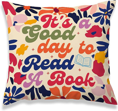 Vintage It's A Good Day to Read A Book Classroom Throw Pillow Covers, Floral Fall Reading Pillows Covers for Kids, Flower Pillow Cases Decor for Library Reading Nook Corner Couch 18x18in