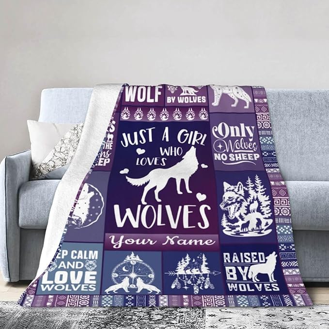 Custom Wolf Blanket with Name for Boys Girls, Personalized Cool Wolf Themed Design Printed Throw Blankets for Kids Lap, Chair, Giftable Blanket, 30"x 40"