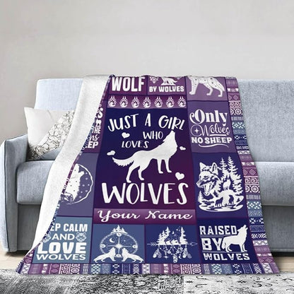 Custom Wolf Blanket with Name for Women Men, Personalized Cool Wolf Themed Design Printed Throw Blankets for Teens Adults Lap, Chair Sofa, Giftable Blanket, 50"x 60"
