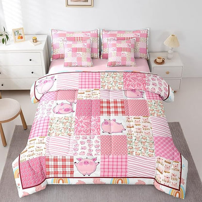 Feelyou Pink Pig 7 Piece Bedding Set for Girls & Boys,Twin Size Cartoon Cute Pig Bed in a Bag,Geometric Comforter Set with Sheets