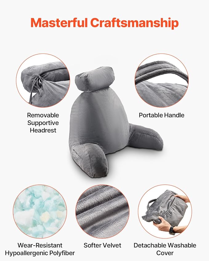 VEVOR Reading Pillow, Extra Large Bed Pillow for Sitting Up with Removable Headrest &3 Pockets, Back Pillow for Bed with Shredded Memory Foam, Pillow with Arms for Reading, Gaming, Resting, Grey