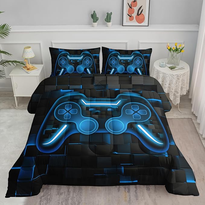 Axolotl Gamepad Comforter Set Queen Size,Blue Grid Print Bedding Set,Boy Gaming Console Comforter Set,Modern Gaming controller Geometry Bedding Set for Adult Teens Men,1 Quilt 2 Pillowcases,Blue Black