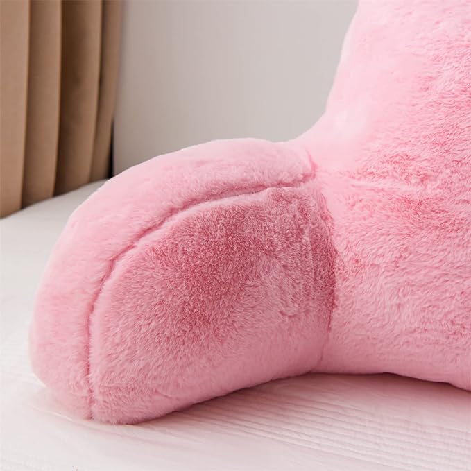 A Nice Night Faux Fur Reading Pillow Bed Wedge Large Adult Children Backrest with Arms Back Support for Sitting Up in Bed/Couch for Bedrest,BabyPink
