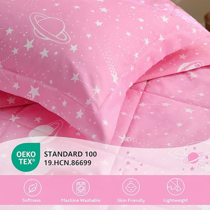 JSD Gradient Pink Stars Kids Comforter Set Full Size, 3 Piece Space Theme Girls Printed Microfiber Bedding Set, Machine Washable