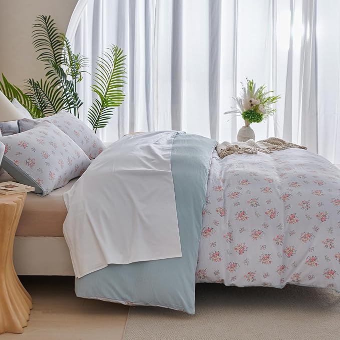 Queen Floral Duvet Cover Set Luxury Soft Brushed Microfiber Crinkle Gauze Fabric 3 Pieces Bedding Set Flower Pattern Queen Duvet Cover with Zipper Closure Breathable Comfy