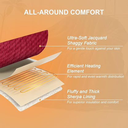 Electric Heated Blanket Full Size - Jacquard Checkered Sherpa 72"x84" Fast Heating Bed Blankets with 6 Heating Levels & 10 Hours Auto Off, Over-Heat Protection ETL, Red