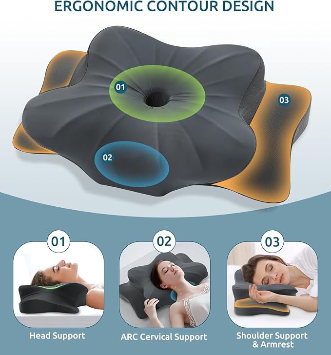 Cervical Pillow for Neck and Shoulder, Ergonomic Contour Memory Foam Pillows for Sleeping, Cooling Neck Support Pillow for Side Back Stomach Sleeper Standard Size Deep Grey