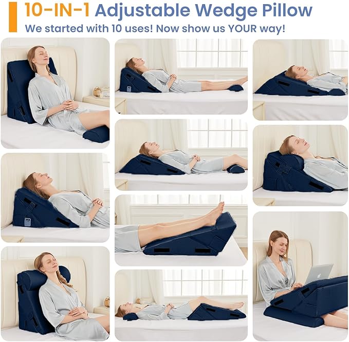 Sasttie Wedge Pillow Set for After Surgery, 2PCS Adjustable Bed Wedge Pillow Headboard with Memory Foam Neck Cushion – for Acid Reflux, Sleeping, Neck & Back Support, Navy