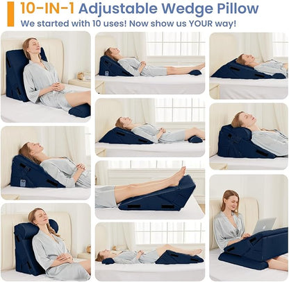 Sasttie Wedge Pillow Set for After Surgery, 2PCS Adjustable Bed Wedge Pillow Headboard with Memory Foam Neck Cushion – for Acid Reflux, Sleeping, Neck & Back Support, Navy