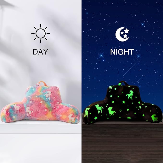 Aimuan Reading Pillow Glow in The Dark Bed Rest Wedge Kids Glow Backrest Pillow Unicorn Print with Arms Back Support for Sitting Up in Bed Cushion, Rainbow