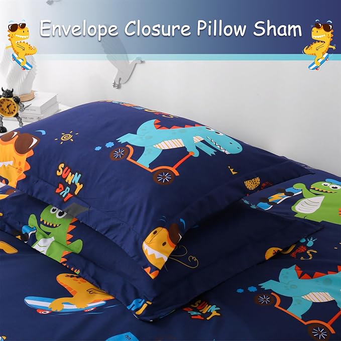 JSD Sports Dinosaur Kids Duvet Cover Set Queen Size, 3 Piece Cute Printed Microfiber Comforter Cover with Pillow Shams Zipper Closure, Comforter Not Included