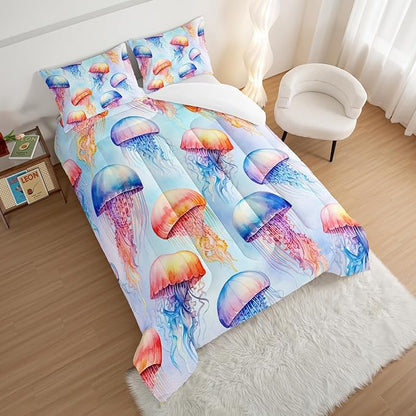 HOSIMA Jellyfish Pattern Comforter Sets King Size,Fantasy Marine life Bedding Set,Watercolor Ocean Animals Comforter Sets for Kids Boys Girls Room Decor with 2 Pillowcases.