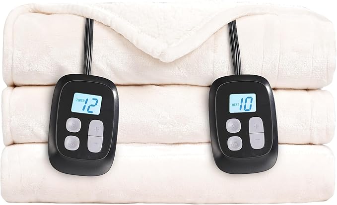 Electric Heated Blanket Queen Size - 84"x90", Soft Flannel Heating Blanket, 10 Heating Levels, 1-12 H Auto Shut Off, Dual Controllers, Breathable Warm and Washable for Bed, White