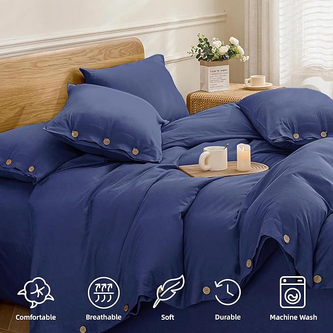 JELLYMONI Cotton Duvet Cover Twin Size - Navy Blue Comforter Cover with Button 100% Washed Cotton 2PCS Breathable Soft Solid Bedding Set Duvet Cover 68×90in & 1 Pillowcase (NO Comforter)
