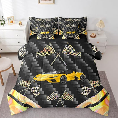 Feelyou Yellow Race Car 7 Piece Bedding Set Twin Size Extreme Sports Comforter Set with Sheets for Kids Teens Adult Fast and Furious Bed in a Bag Dazzling Flag Bed Set