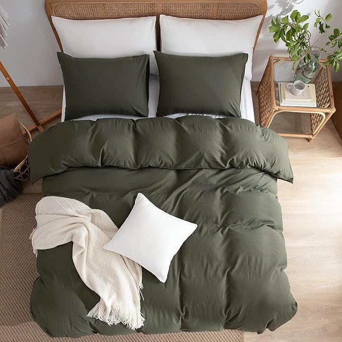 Jane yre Dark Green Duvet Cover Queen, 100% Washed Microfiber 3 Pieces Dark Green 1 Duvet Cover +2 Pillowcases with Zipper Closure, Soft Natural Slight Wrinkled Comfy