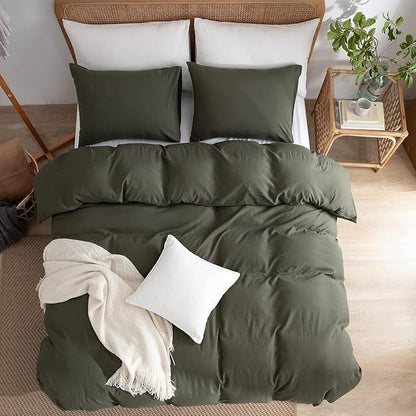 Jane yre Dark Green Duvet Cover Queen, 100% Washed Microfiber 3 Pieces Dark Green 1 Duvet Cover +2 Pillowcases with Zipper Closure, Soft Natural Slight Wrinkled Comfy
