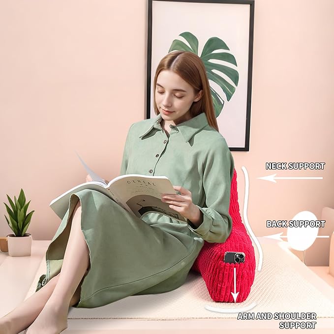 Reading Pillow for Sitting in Bed, Large Backrest Reading Pillow with Arm Rest,Back-Rest Support Cushion for Sit Up on Couch, Sofa, and Floor, Dorm Essentials (Red Corduroy, Large(19"))