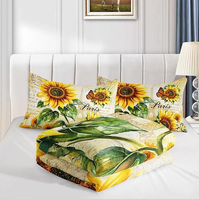 Yellow Sunflowers Comforter 3Pcs Twin Butterfly Rustic Floral Pattern Bedding Set for Kid Teen Girl Boy Adult Room Decor Paris Eiffel Tower Postmark Quilt with 1 Comforter and 2 Pillowcases