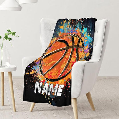 Personalized Basketball Blanket Gifts with Name, 80x60 Inches Sports Throw Blanket for Basketball Lover Kids Teens Adults, Black Soft Fuzzy Blankets for Couch Sofa Bed