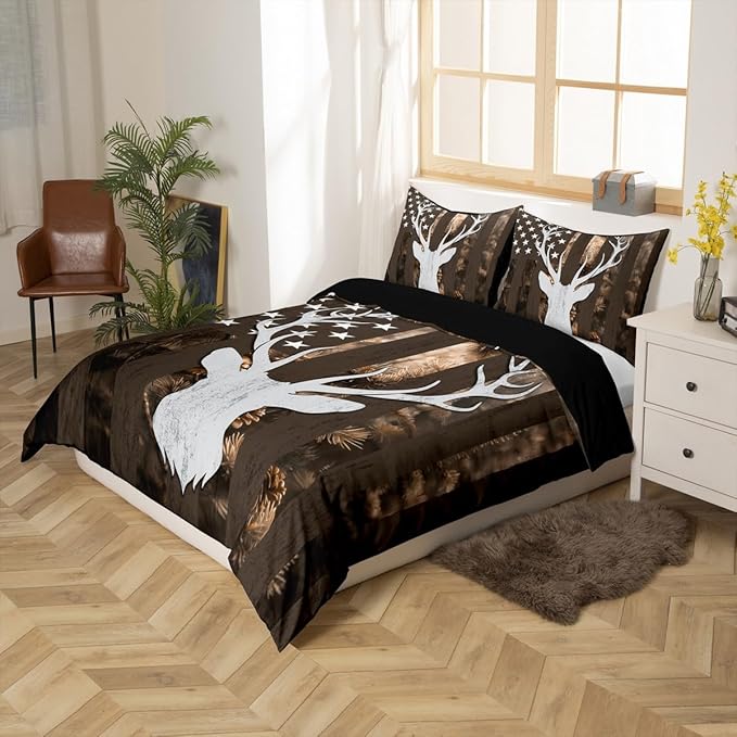 Camo American Flag Duvet Cover Queen Size, Brown Deer and Trees Silhouette Natural Style Bedding Comforter with 2 Pillowcases, 3pcs National Flag Camouflage Bedding Set for Children Adult