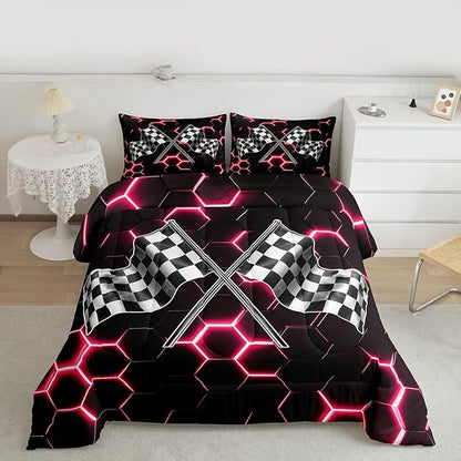 Black White Flag Geometric Bedding Set Twin Size Fashion Red Neon Light Honeycomb Comforter Set for Kids Boys Teens Games Room,3D Checkered Flag Quilted Duvet Race Sports Gaming Duvet Insert 2pcs