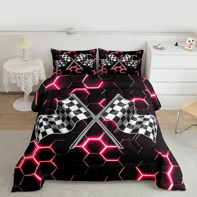 Black White Flag Geometric Comforter Set Queen Size Fashion Red Neon Light Honeycomb Bedding Set for Kids Boys Teens Games Room,3D Checkered Flag Quilted Duvet Race Sports Gaming Duvet Insert 3pcs