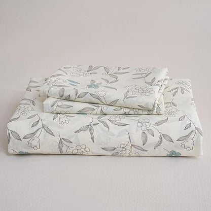 100% Cotton Floral Duvet Cover Set Queen Size Ultra Soft Breathable Blue Floral Grey Leaves Bedding Set for Women with Zipper Closure 3 Pcs Chic Reversible Duvet Cover for All Season