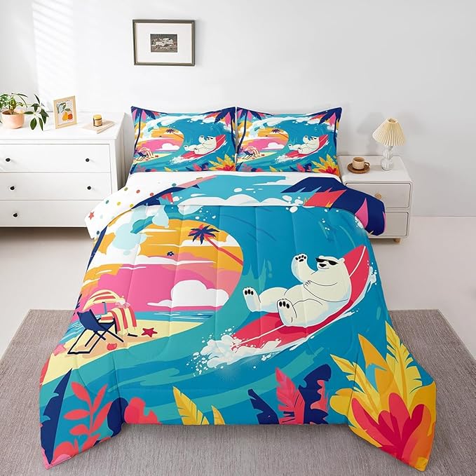 Castle Fairy Surfing Polar Bear Comforter Set King Size Hawaiian Summer Beach Bedding Set Kids Boys Girls Summer Vacation All Season Quilt Set Palm Trees Silhouette Bedding Comforter Sets,3Pcs