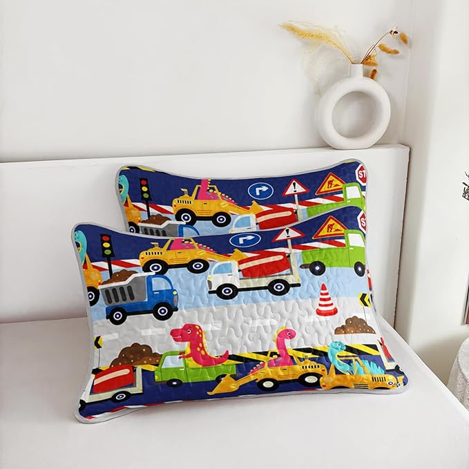 QOOMO Construction Dinosaur Quilt Set Full/Queen Size,Excavator Bedspread Coverlet Set,Tractor 3Pcs Bedding Set Printed Quilt with 2 Pillowcases,Soft and Lightweight,for All Seasons