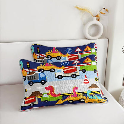 QOOMO Construction Dinosaur Quilt Set King Size,Excavator Bedspread Coverlet Set,Tractor 3Pcs Bedding Set Printed Quilt with 2 Pillowcases,Soft and Lightweight,for All Seasons