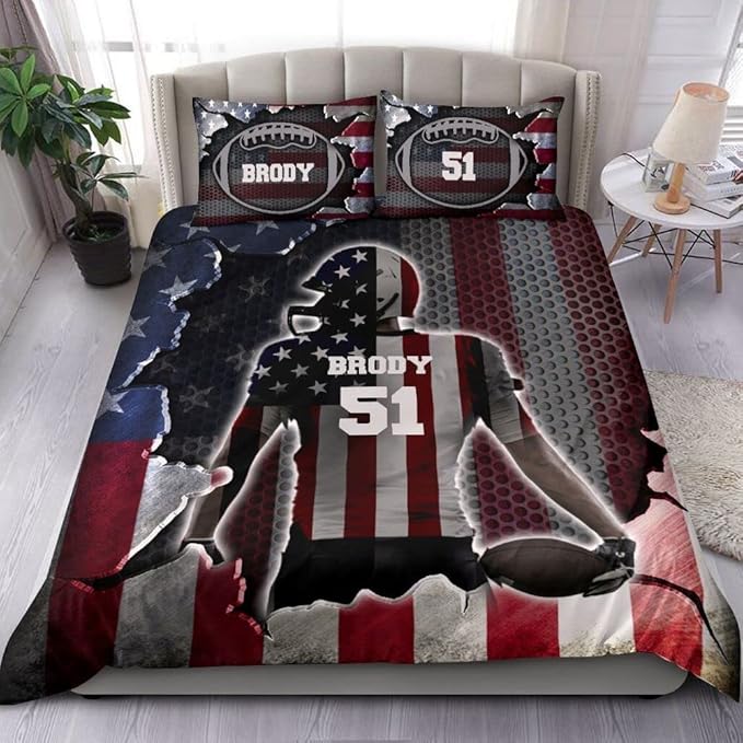 Personalized American Football Bedding Set, Kids 3 Piece Duvet Cover Set with Pillow Shams for Teens Boys, NO Comforter, Twin Size for Rugby Lovers (Football 14)