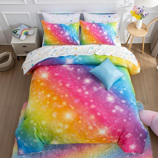 A Nice Night 6Pcs Gradient Glitter Bedding Set for Girls, Colorful Rainbow Galaxy Comforter Set, Ultra Soft Bedding Sets (Multi,Queen 6Pcs)