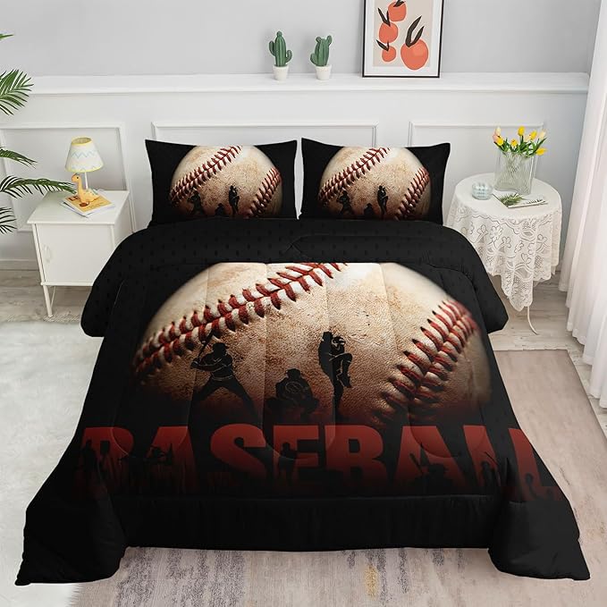 Kids Comforter Set Baseball Theme Printed Pattern Bedding Set with 1 Comforter and 2 Pillowcases for Girls Boys Bedroom All Season(C-Baseball Theme Full)