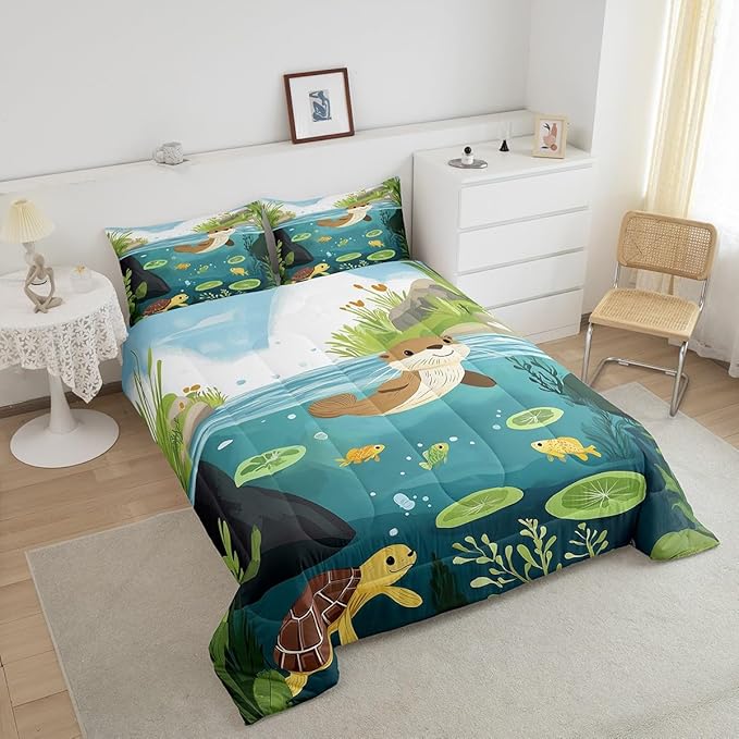 Cartoon Otter Kids Bedding Sets Cute Turtle Fish Wild Animals Comforter Set for Boys Girls Teens Green Lotus Leaf Natural Scenery Rustic Comforter Duvet Set with 2 Pillowcases Full Size 3 Pcs