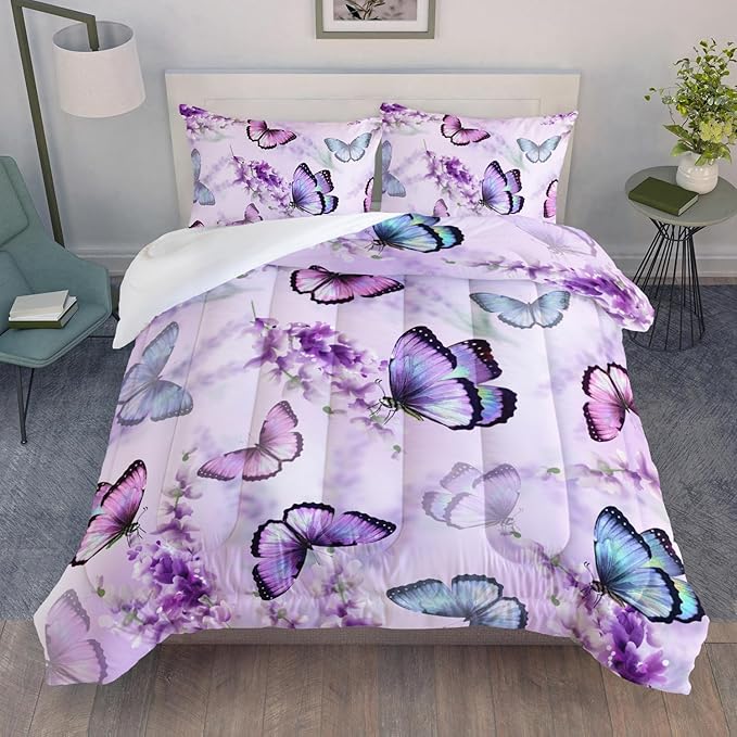 Lavender Butterfly Comforter Set for Girl Kid Adult Colorful Butterfly Pattern Bedding Set Aesthetics Butterflies Quilt Bed Set Twin Size with 1 Comforter and 2 Pillowcases