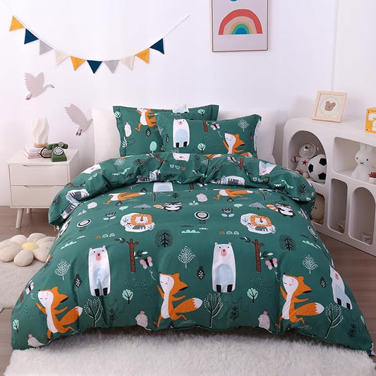 JSD Green Forest Animal Kids Duvet Cover Set Twin Size, 2 Piece Soft Printed Microfiber Comforter Cover with Pillow Sham Zipper Closure, Comforter Not Included