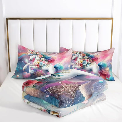 Unicorn Full Size Comforter Set for Girls, Dreamy Unicorn with Flowers Bedding Set, Girl Room Decor with 2 Pillowcases
